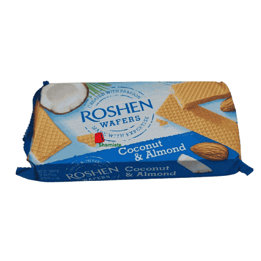 [001914 Coconut and Almond Wafers (Roshen Wafers, 216 gm, 16 Pieces) Gaufrettes Noix de Coco & Amande (Roshen Wafers, 216gm, 16 Pièces) Gaufrettes Noix de Coco & Amande (Roshen Wafers, 216gm, 16 Pieces)رقائق ويفر بجوز الهند واللوز (رقائق روشن، 216 غرام، 16 قطعة) ] رقائق ويفر بجوز الهند واللوز (رقائق روشن، 216 غرام، 16 قطعة)