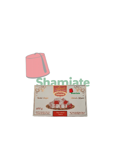 [002369 Pomegranate-Flavored Turkish Delight (Sebahat, 400g, 12 Pieces) Loukoum à l'arôme de Grenade (Sebahat, 400gm, 12 Pièces) Loukoum a l'arome de Grenade (Sebahat, 400gm, 12 Pieces)راحة الحلقوم بنكهة الرمان (سباهات، 400 غرام، 12 قطعة) ] راحة الحلقوم بنكهة الرمان (سباهات، 400 غرام، 12 قطعة)